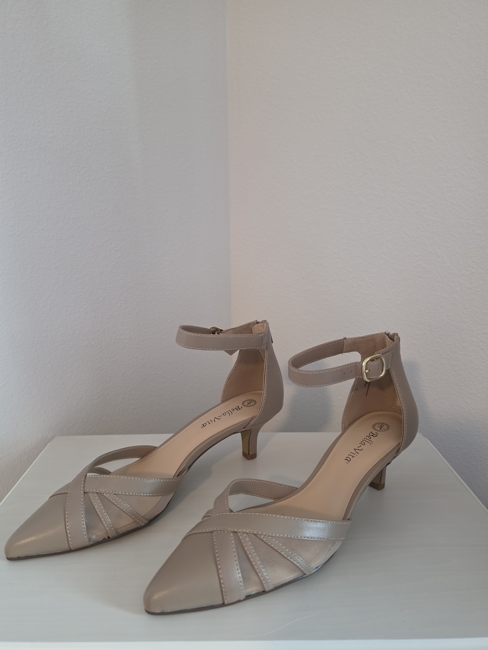 Taupe/Beige Ankle Strap Kitten Heel